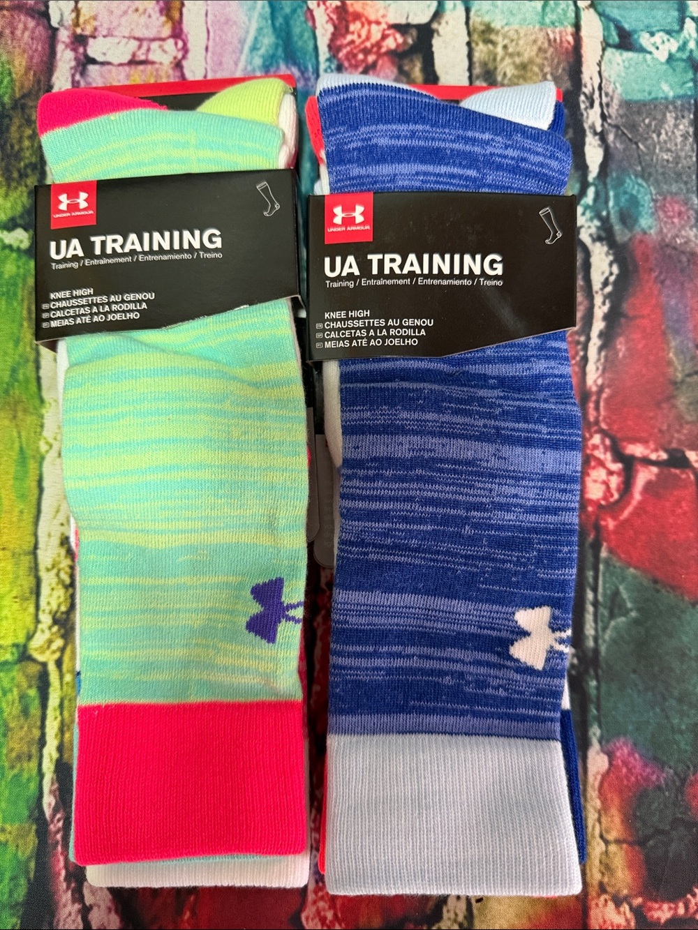 Under Armour Knee-High Training Socks — Neon Mint & Royal Blue